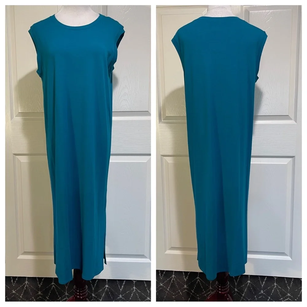 NWT! EILEEN FISHER Jewel Blue Stretch Viscose Jersey Cap Sleeve Shift Midi Dress